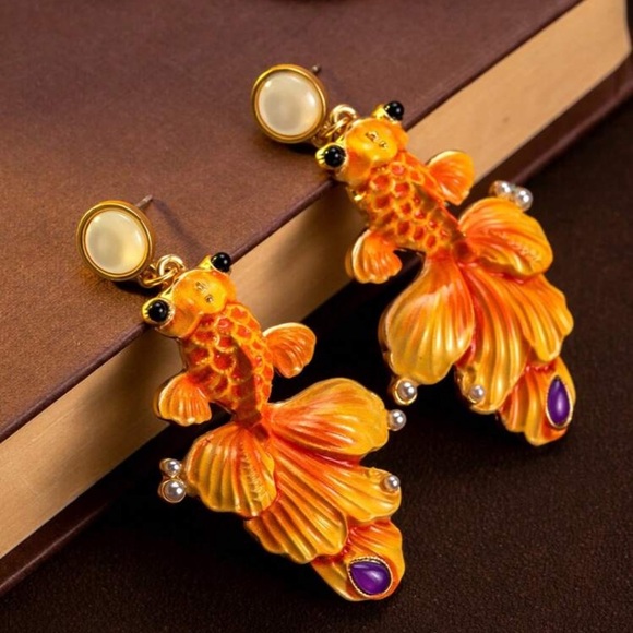 Statement Goldfish Earrings – Hand-Painted Enamel & Pearl Detail - Picture 8 of 10